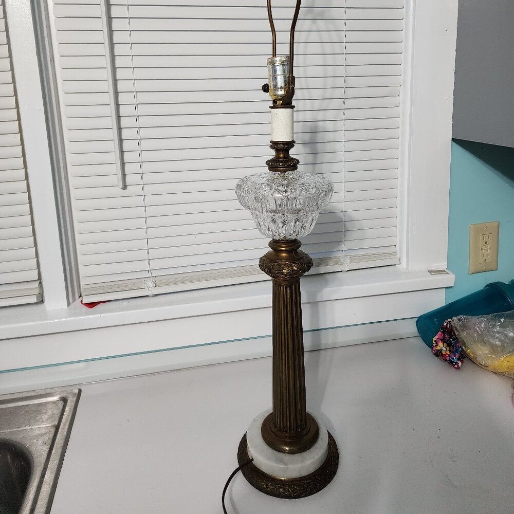 Antique brass, marble and glass table lamp